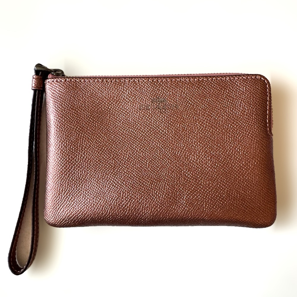 Coach Metallic Dark Blush Pink Leather Wristlet Clutch Wallet Pouch